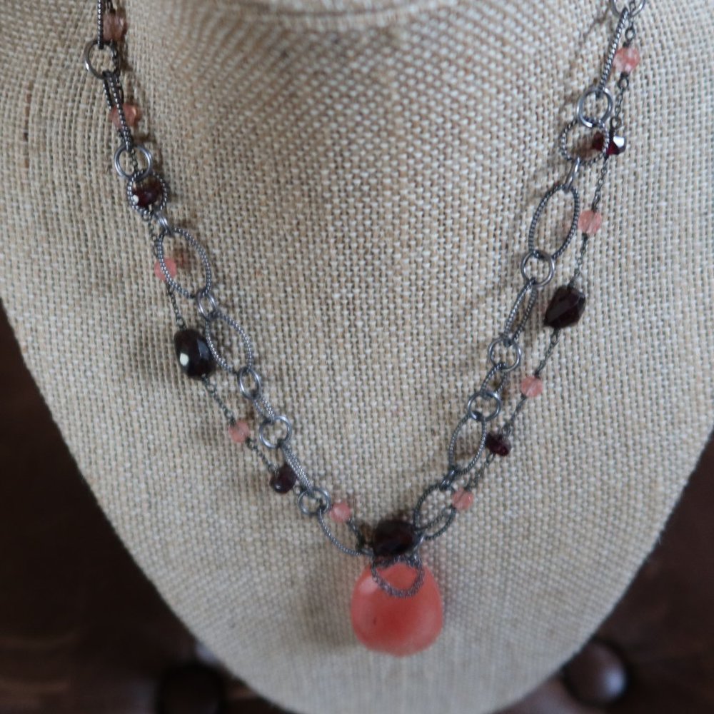 Dana Kellin necklace pendant large teardrop pink stone brown stones sterling